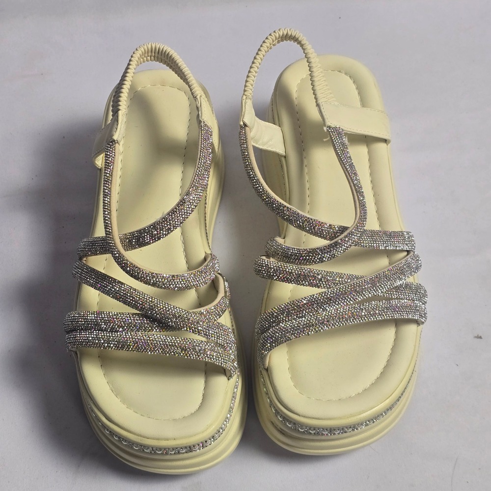 Rhinestone Embellished Platform Slingback Sandals Cream Off White Size 40 - Picture 9 of 10